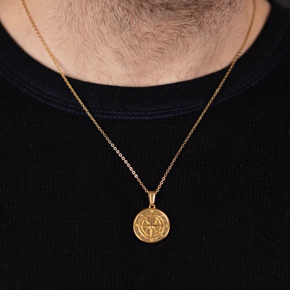 18k Gold Compass North Star Pendant Chain Mens Compass Necklace - Picture 7 of 16